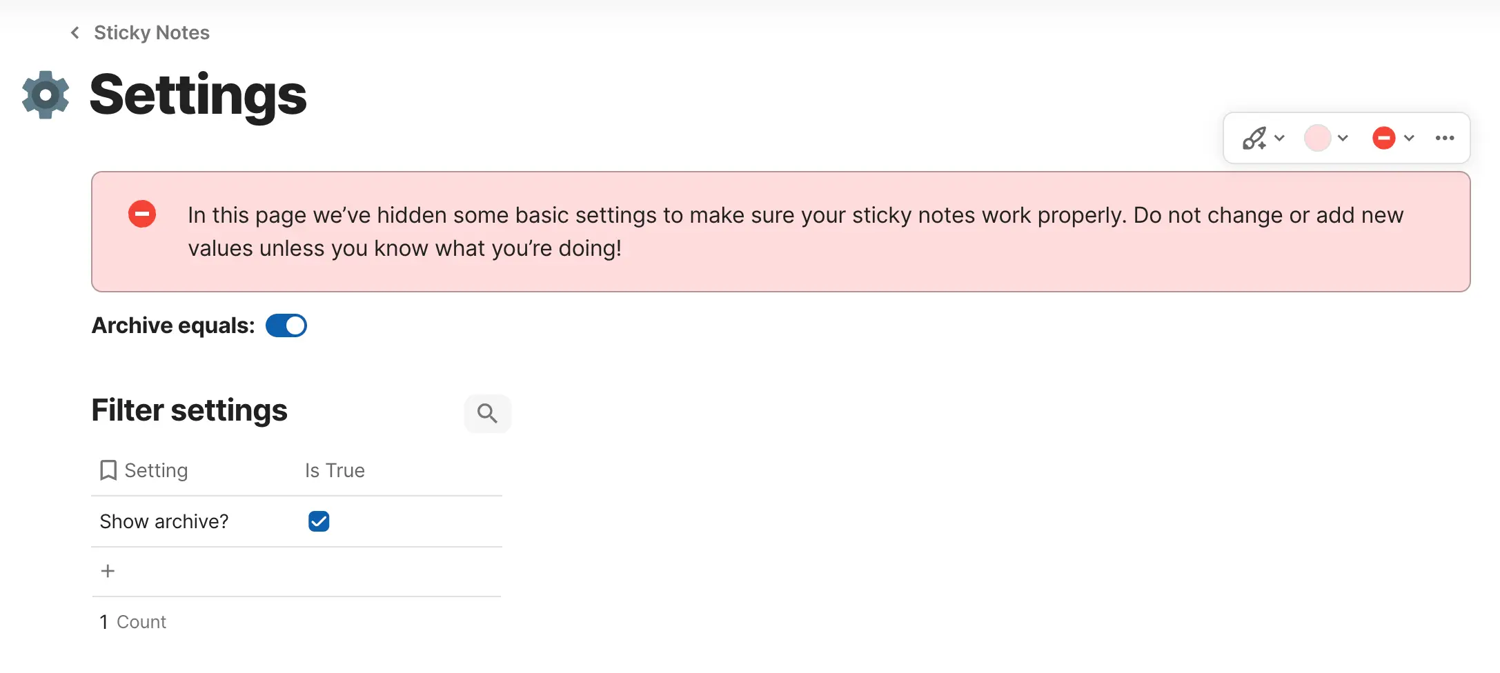 Filter settings table